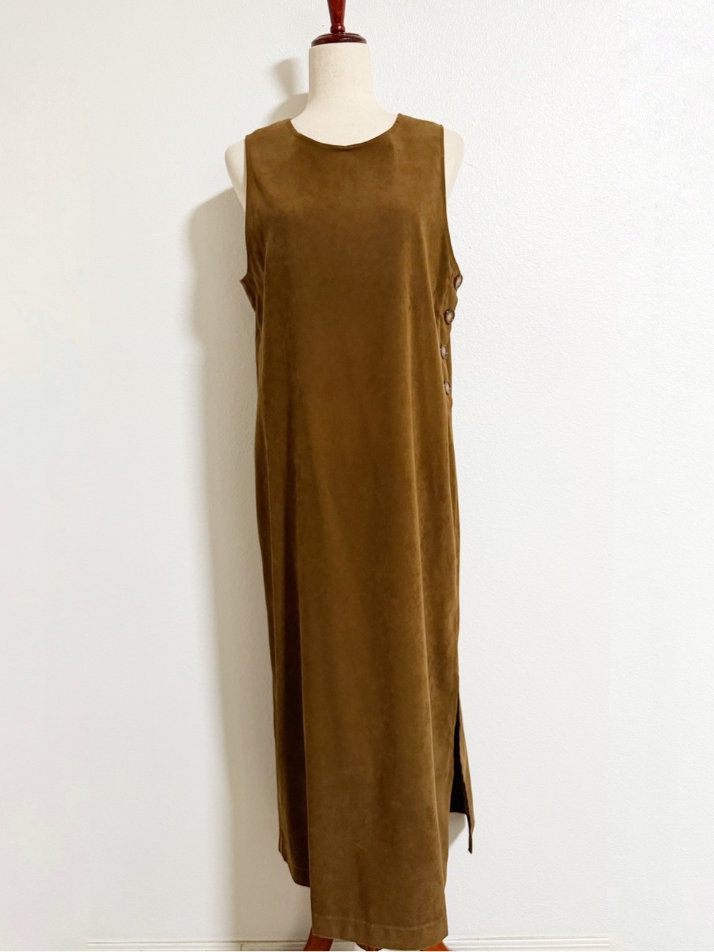 Vintage 90s Norm Thompson Side Button Faux Suede Maxi Dress Brown Size S